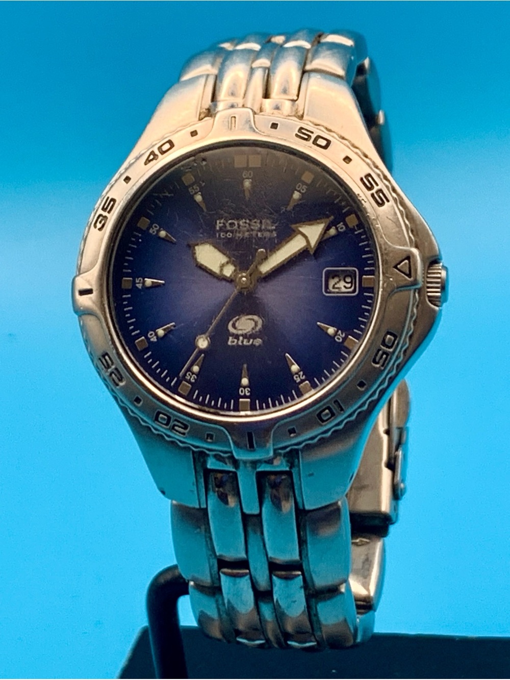 FOSSIL BLUE AM-3616 Women’s Vintage Wristwatch All St Steel Working New Battery